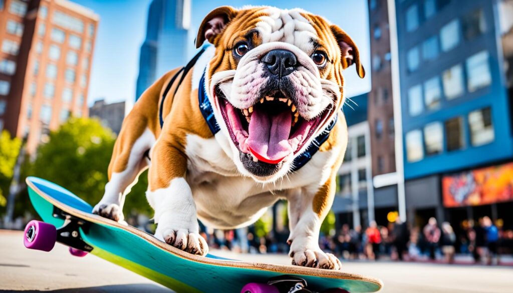 Show Tillman the Bulldog shredding on his skateboard with his tongue lolling out, his paws firmly gripping the board's edges, and a look of pure joy on his face.