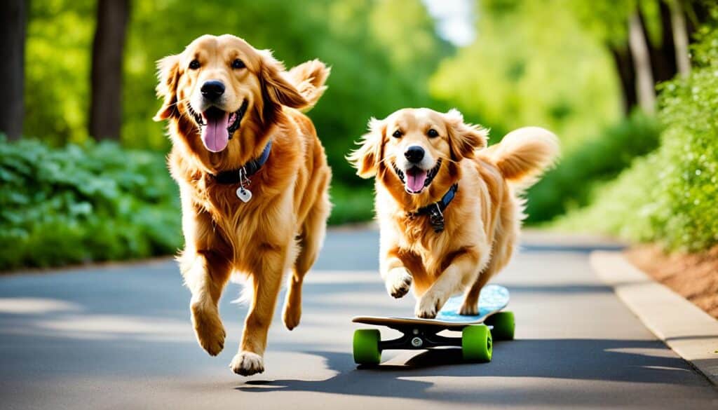 A happy golden retriever dog confidently riding a skateboard down a paved pathway surrounded by green foliage and trees.