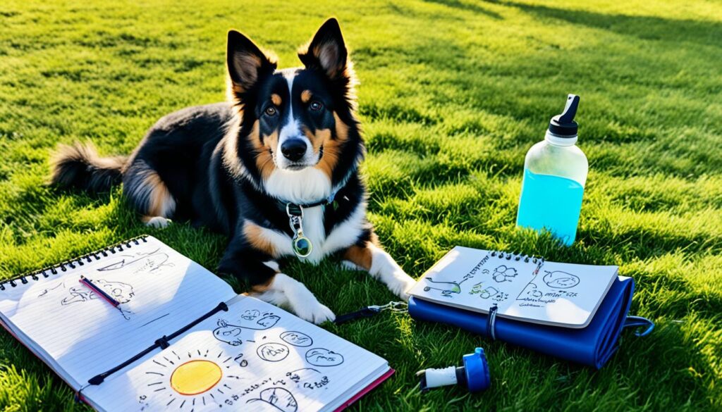 5-sized notebook with dog paw prints and agility equipment doodles on it,