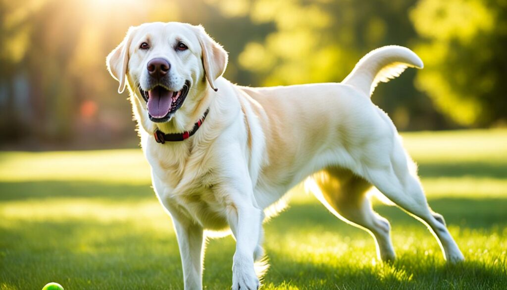 An aged Labrador retriever happily playing fetch