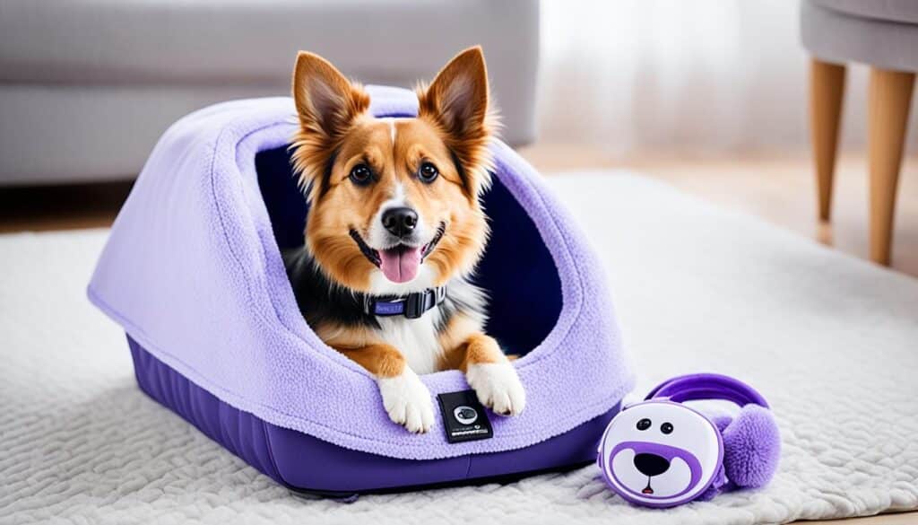 A dog resting in a comfortable carrier with a lavender-scented toy nearby