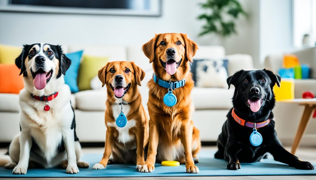 A group of four well-trained dogs sitting obediently side by side.