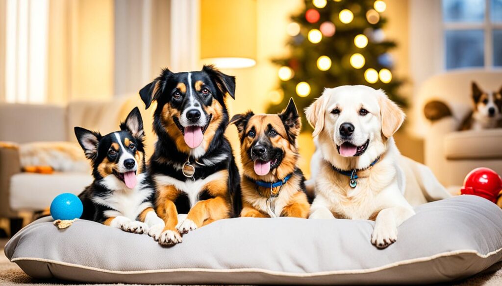 A group of dogs peacefully resting together on a comfortable bed, surrounded by toys and treats.