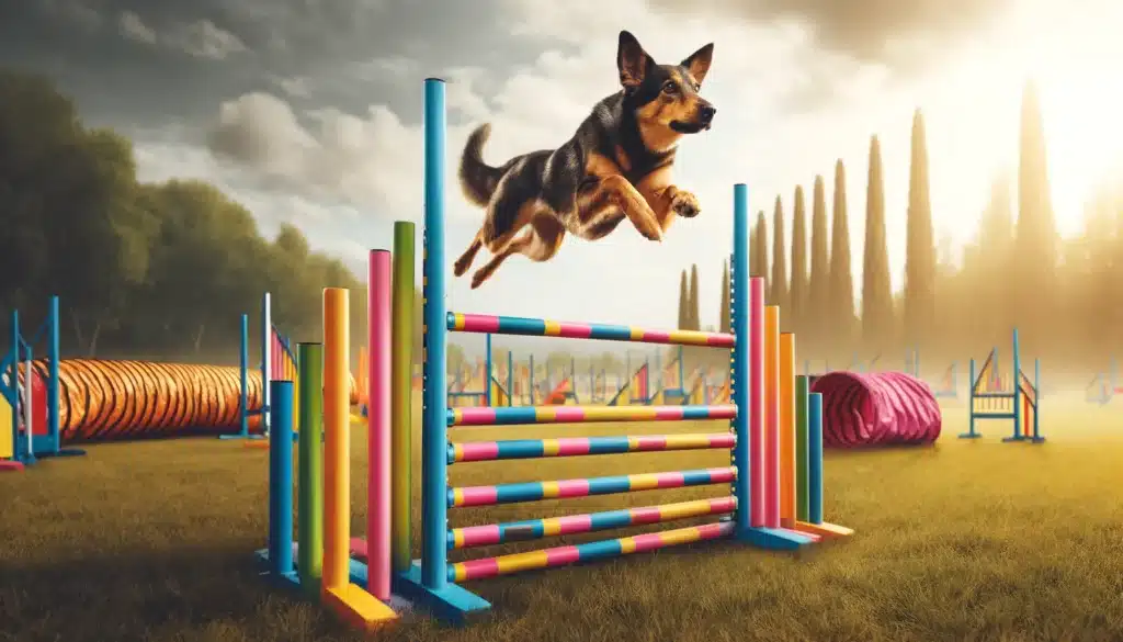 A German Shepherd soaring through the air with focused determination