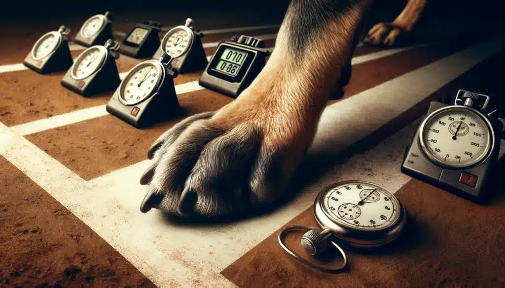 dog's foot on a starting line, surrounded by stopwatches and timers