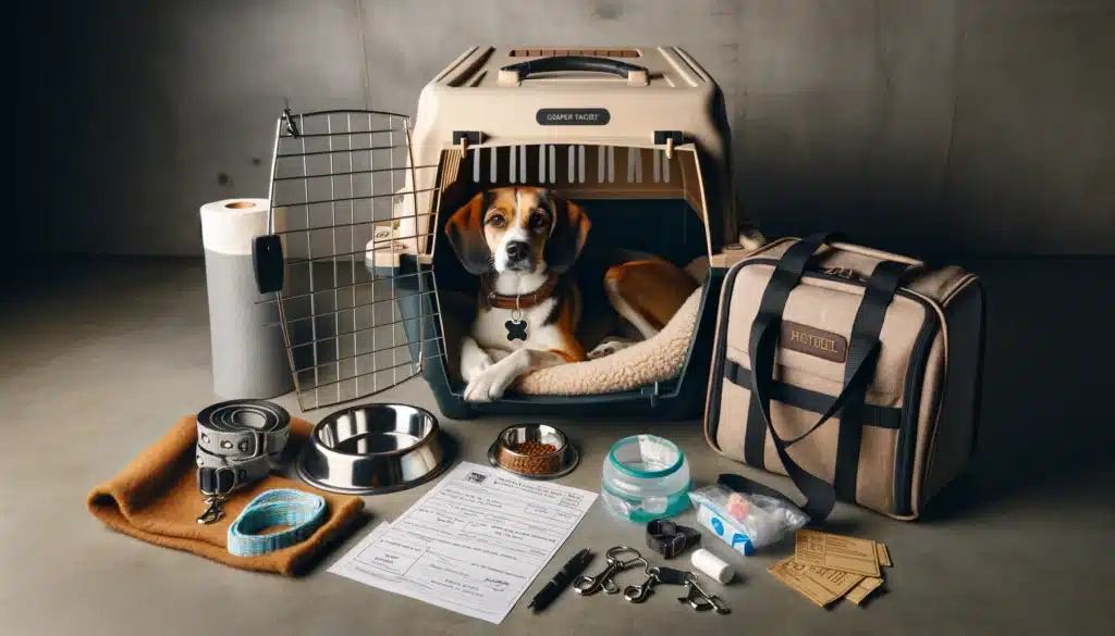 A dog sitting comfortably in a spacious pet carrier with a sturdy latch.