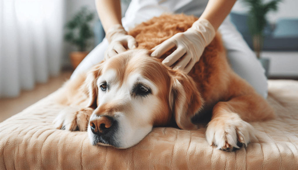 An image of a senior dog getting a gentle massage on its joints to aid in mobility and flexibility.