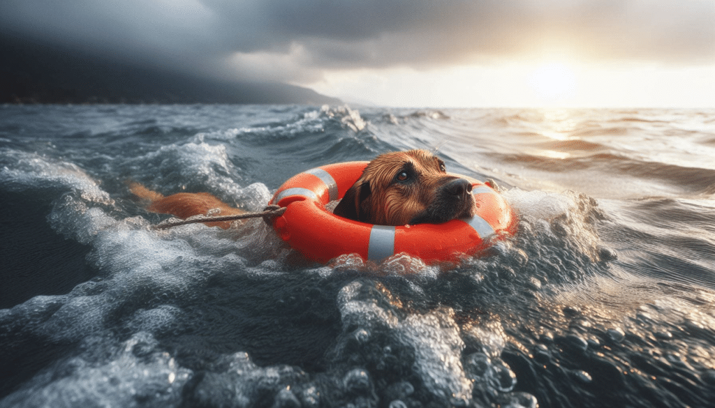 A dog swimming against strong currents while carrying a rescue buoy in its mouth.