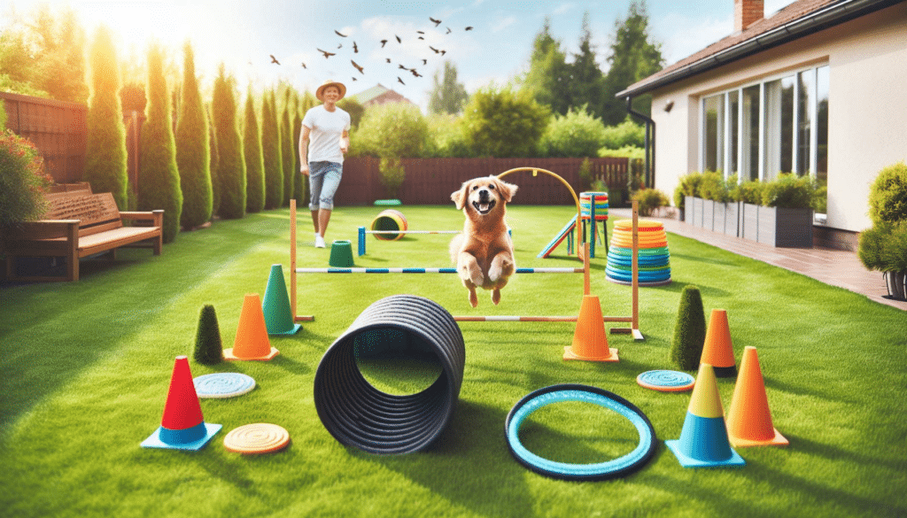 A spacious backyard with lush green grass and a variety of household items such as cones, hula hoops, and tunnels arranged in a fun and challenging DIY dog agility course. A happy dog is seen jumping over a hurdle