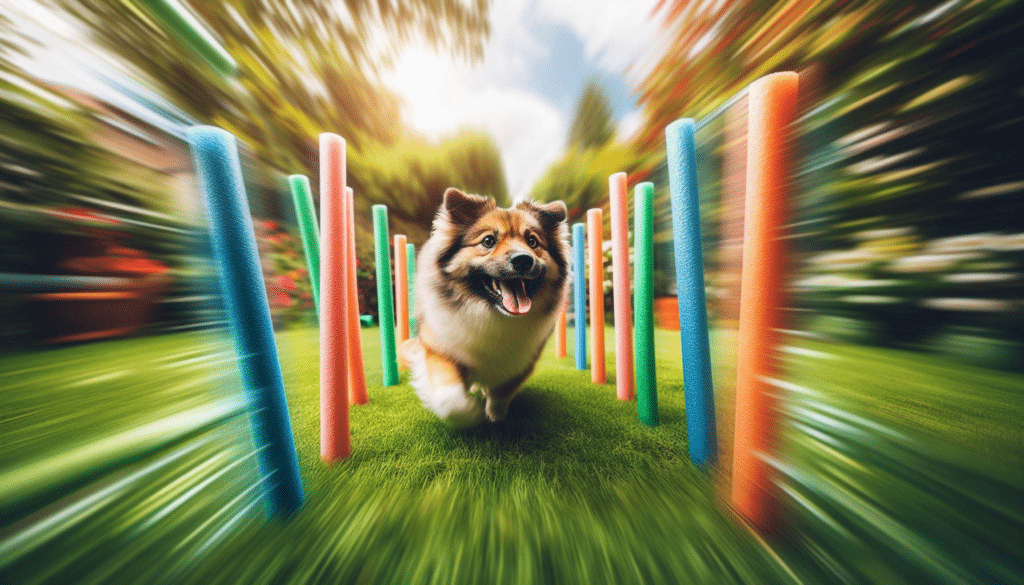 dog weaving through a set of DIY weave poles