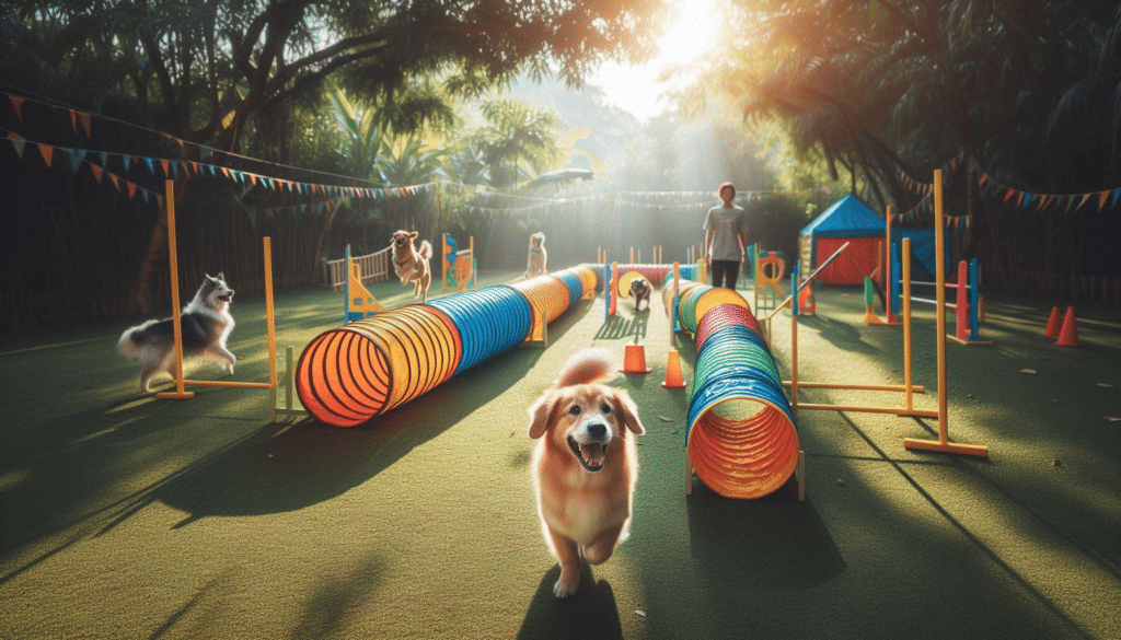 dogs of various breeds and sizes confidently maneuvering through the tunnels and over the obstacles