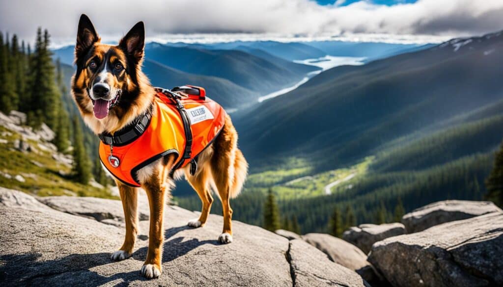 A search and rescue dog stands on a rocky mountain surface with its nose up in the air, alert and ready to find someone in need.