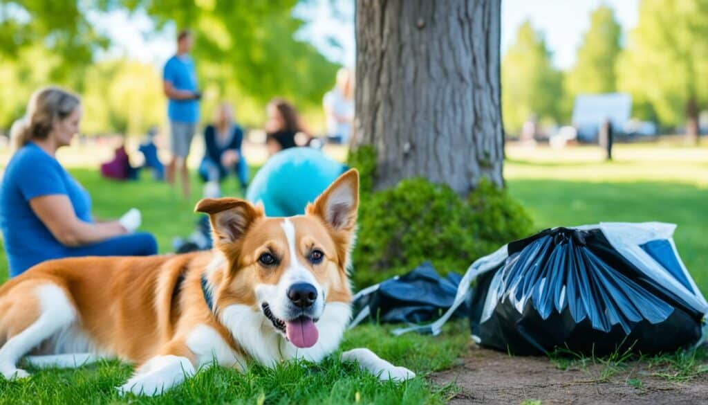 A well-behaved dog resting peacefully under a tree