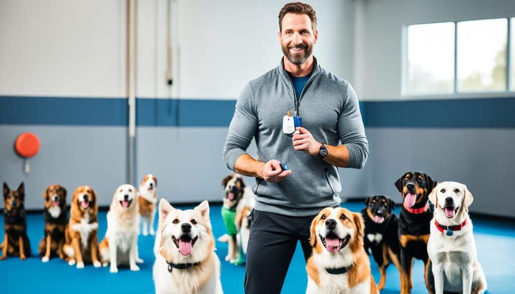 A qualified dog trainer standing confidently with a group of well-behaved dogs sitting attentively around them