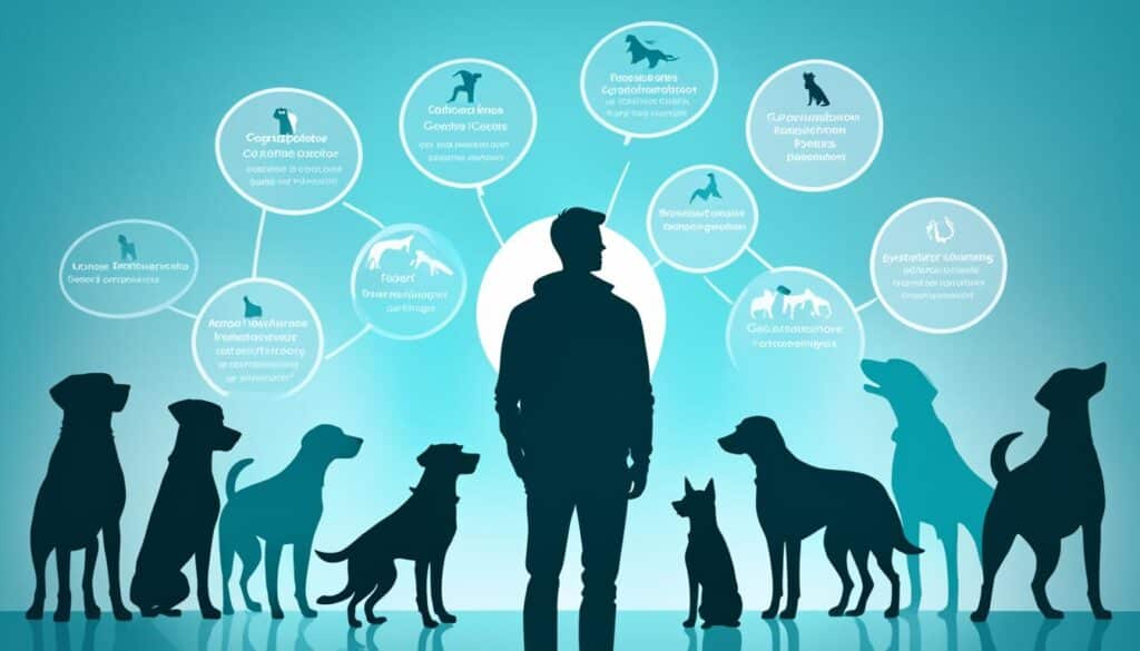 A silhouette of a person standing in front of a group of dogs, representing the decision-making process of choosing the right dog trainer.