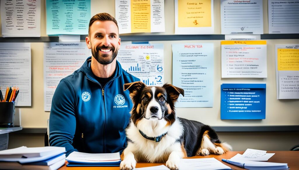 A dog trainer sitting at a desk, surrounded by books and notes, studying for the CPDT-KA exam