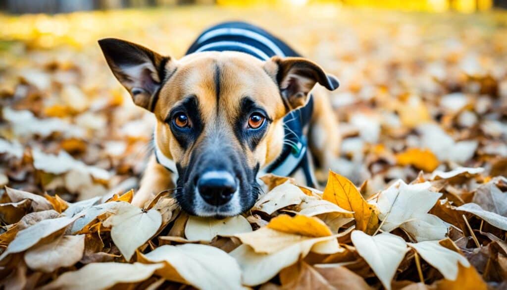 A playful dog digging its nose into a pile of leaves, searching for hidden treats.