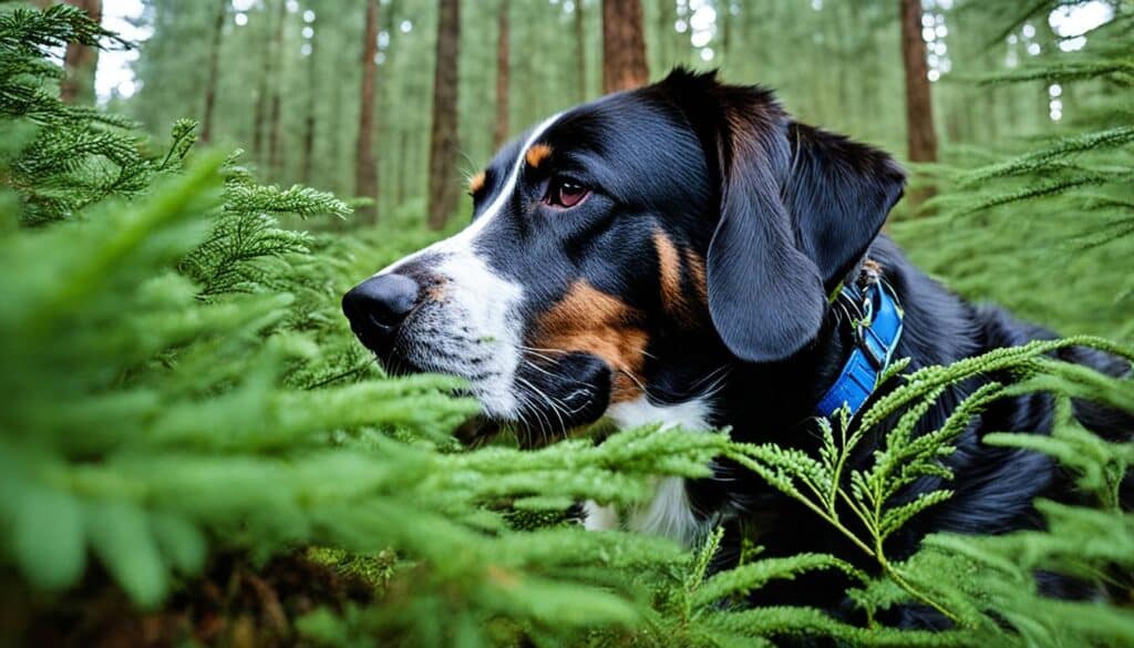 A close-up view of a dog's nose actively sniffing out a scent trail amidst bushes and trees in a forest