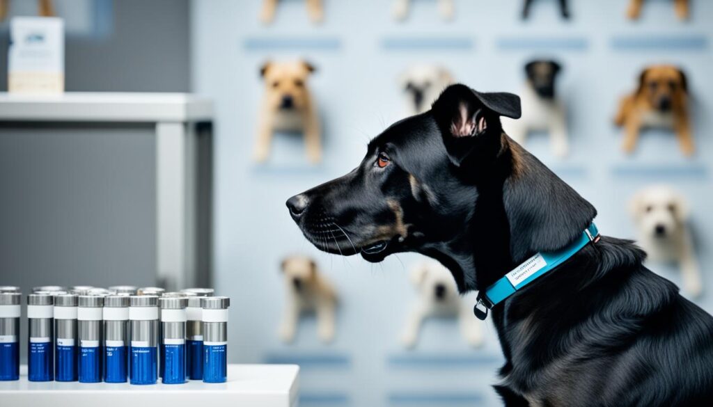 focused trailing dog intently sniffing a series of scent samples arranged in front of him