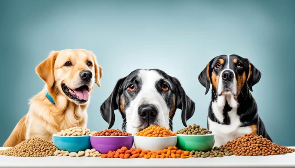 dog's sniffing different bowls of food