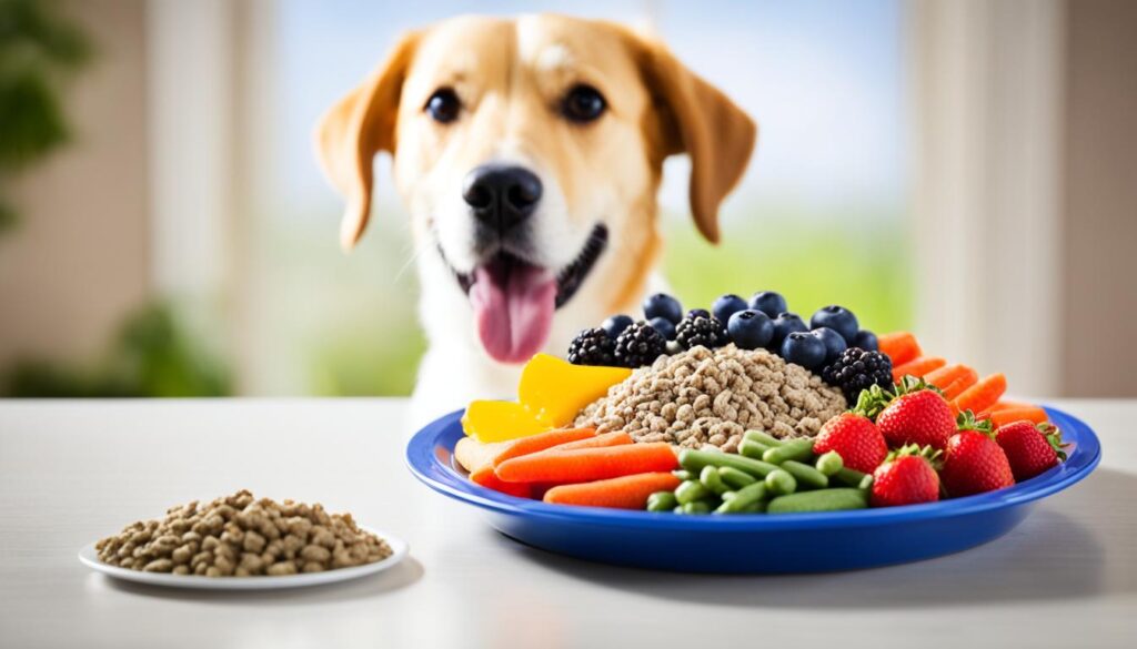 A dog with a variety of colorful fruits and vegetables