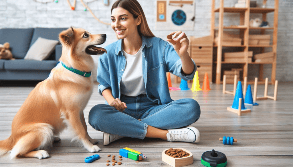 A dog trainer using positive reinforcement to teach a dog a new trick.